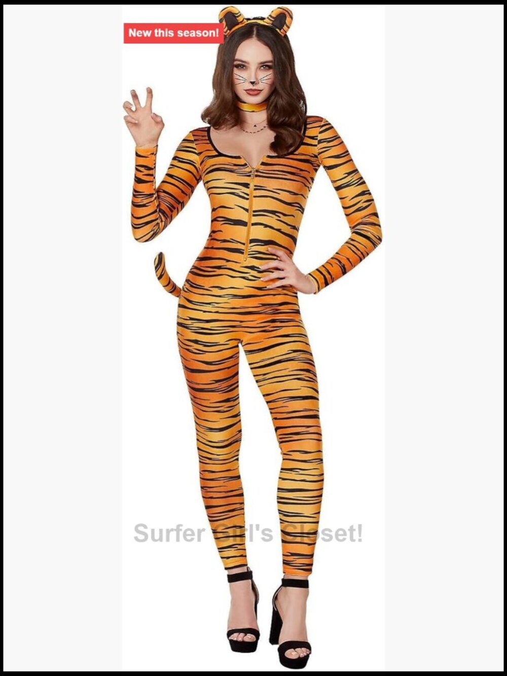 Sexy Tiger Catsuit Costume with Headband and Choker - Adult Halloween Bodysuit